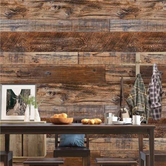 17.71" x 118" Brown Wood Wallpaper Peel and Stick Shiplap Self Adhesive - Picture 4 of 7